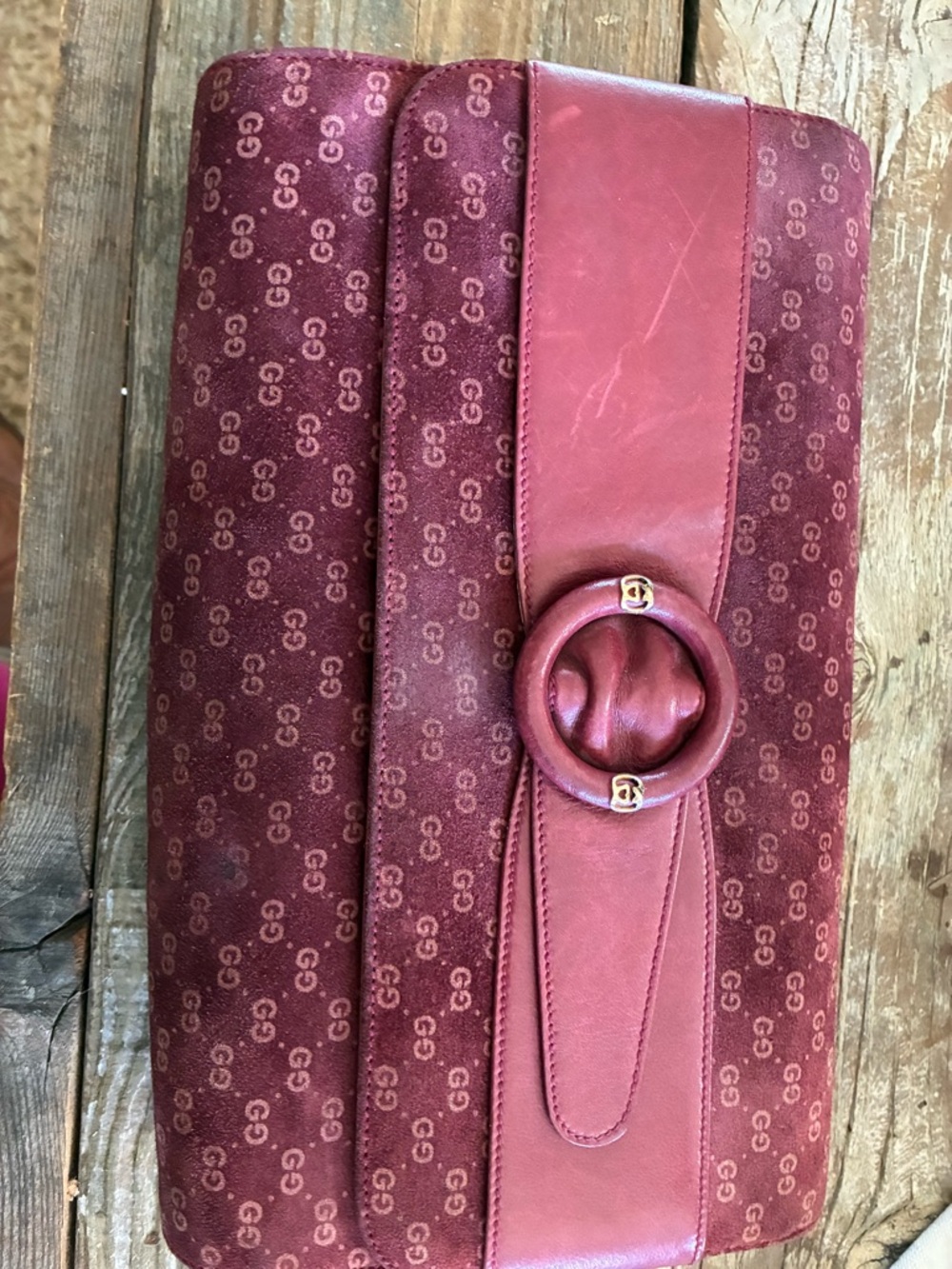 Vintage Gucci Burgundy GG Monogram Suede Clutch with Circular Buckle